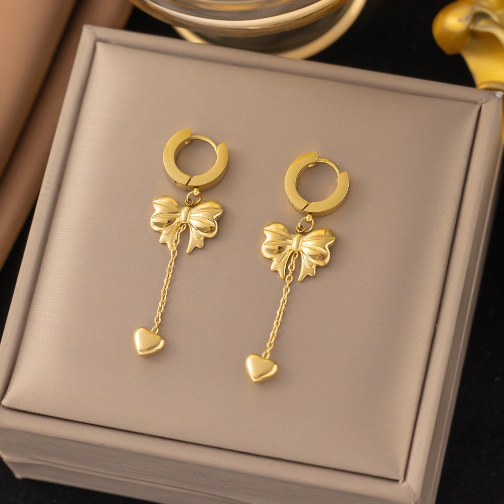 Sweetheart Girls Bowknot Heart Tassels Charm Choker Earrings