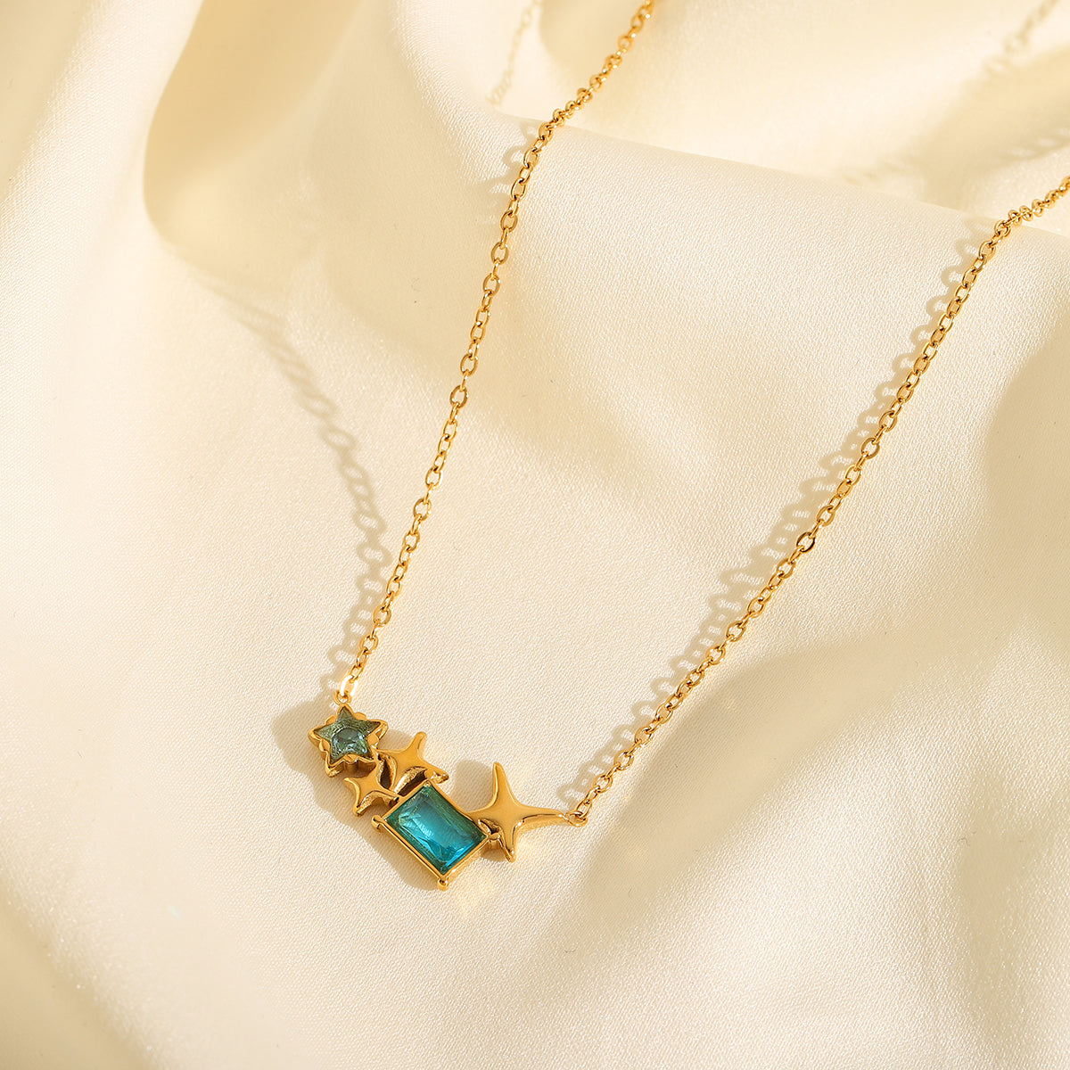Jewelry Casual Cute Sweet Pentagram Star Rectangle 304 Stainless Steel Zircon 18K Gold Plated Plating Inlay Cable Chain Pendant Necklace