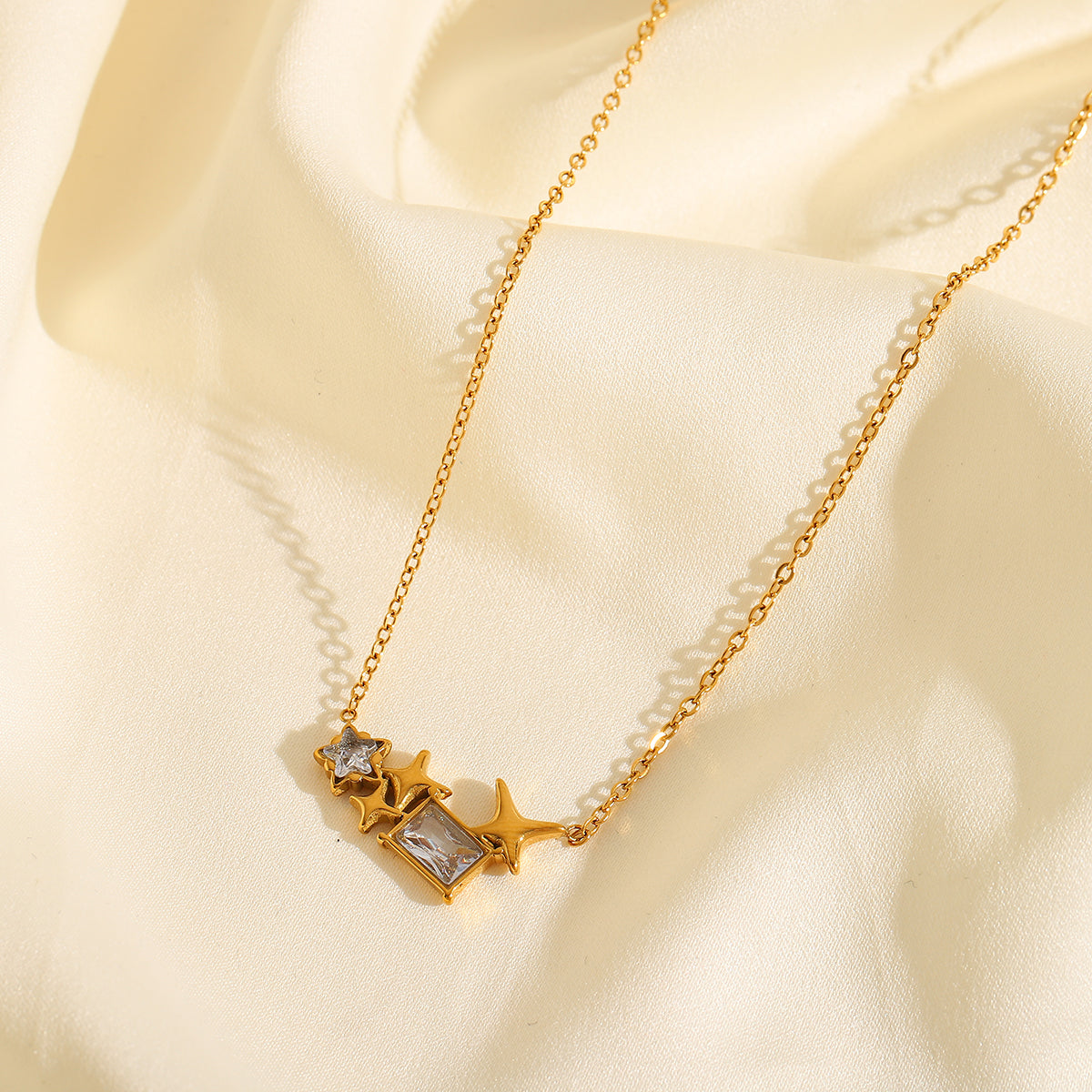 Jewelry Casual Cute Sweet Pentagram Star Rectangle 304 Stainless Steel Zircon 18K Gold Plated Plating Inlay Cable Chain Pendant Necklace